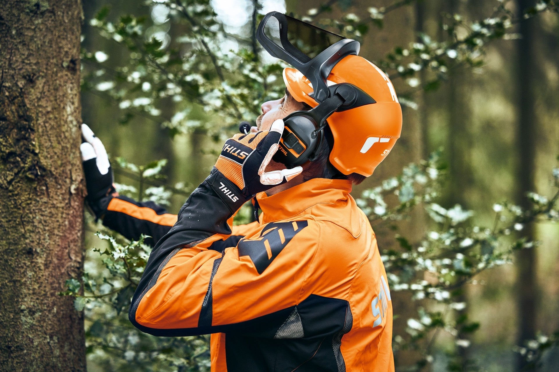 Professiobnal user wearing a chainsaw helmet in the forest