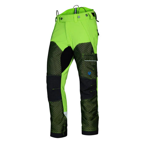 Lime green Arbortec Breatheflex Pro chainsaw trousers, Type A, for deep forest work. Features include reinforced panels and breathable fabric.