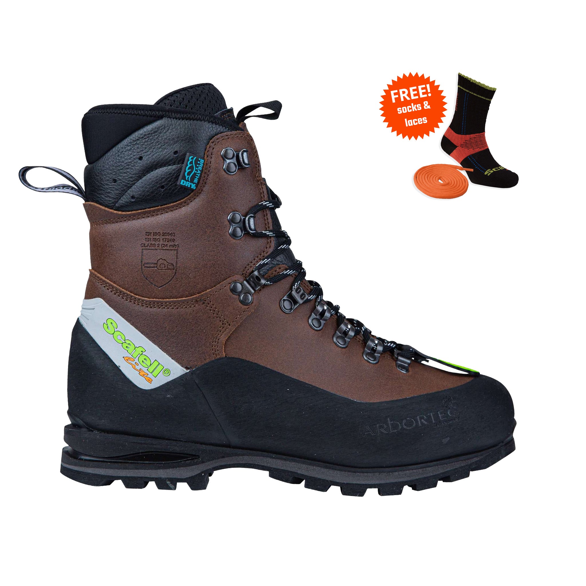 Brown Arbortec Scafell Lite Class 2 chainsaw boots. Lightweight, protective footwear with reinforced toe and chainsaw cut resistance