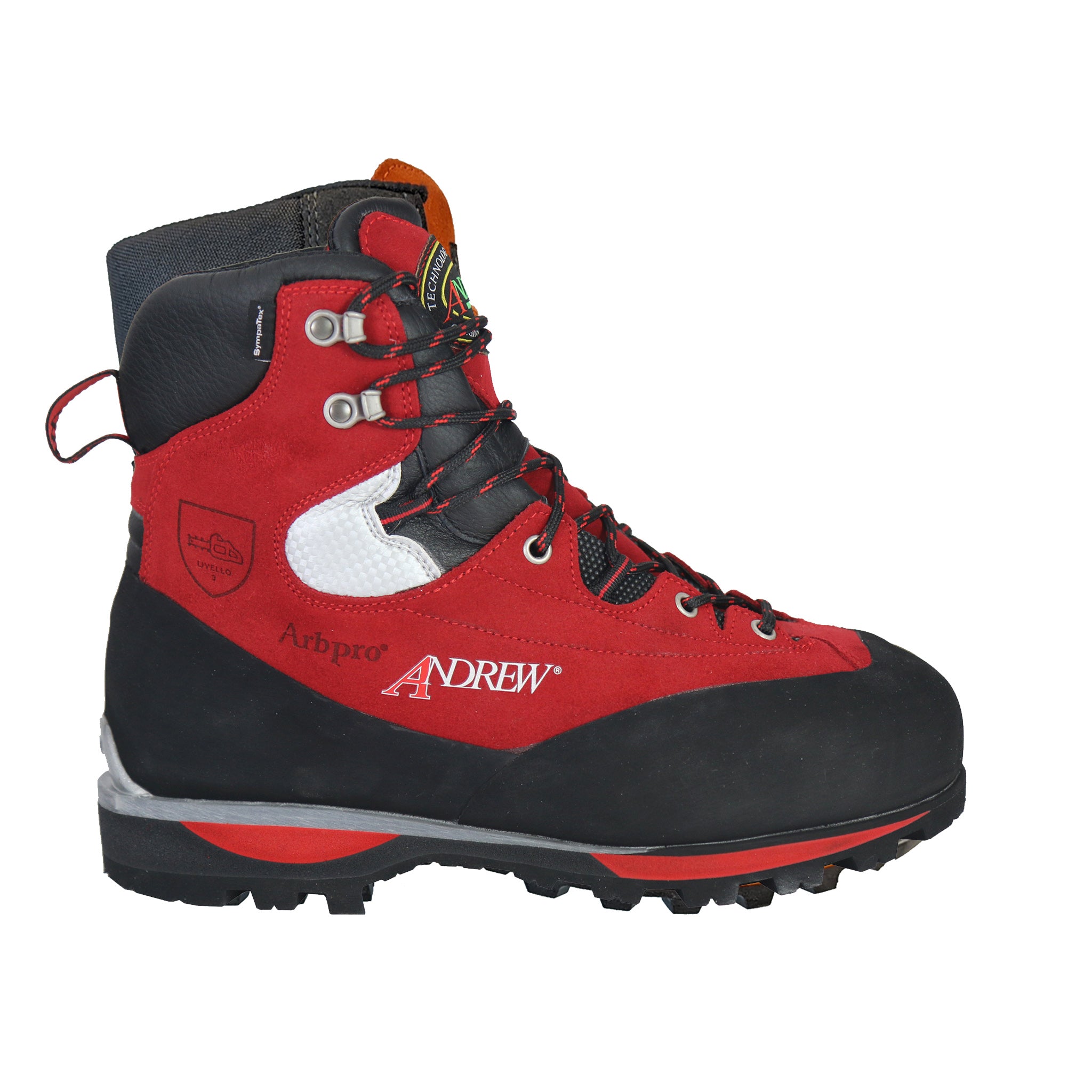 Red Arbpro Cervino Class 3 chainsaw boots. Protective footwear for professional tree work.