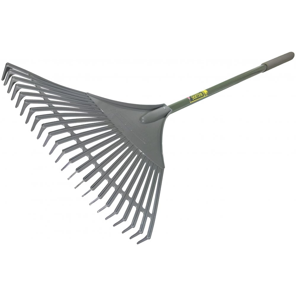 Bulldog 23-tine plastic lawn rake, 54-inch handle. Used for gathering leaves and debris. Grey tines, green plastic handle