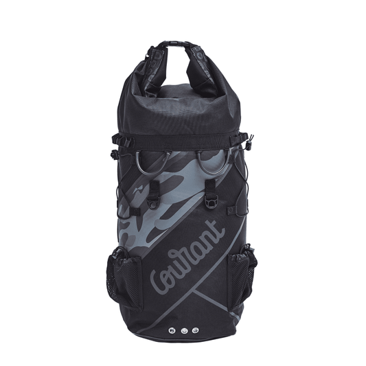 Black COURANT Tactical 60L rope bag with multiple pockets and gear loops, used for climbing or rescue equipment.