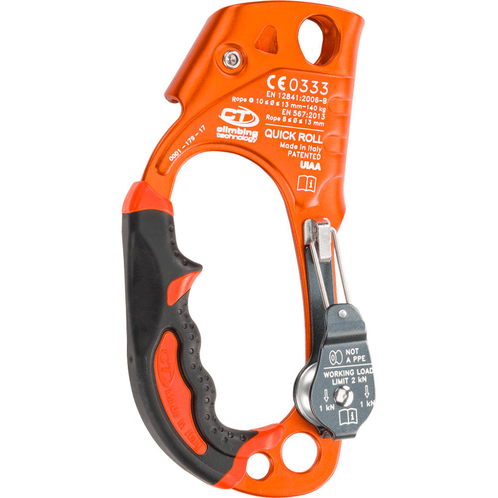 Right-handed Climbing Technology Quick Roll ascender. 
Orange and black, with ergonomic handle and cam for rope climbing. 1  Used for ascending fixed ropes