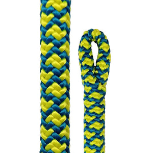 Blue and yellow Cousin Atrax 11.6mm climbing rope. Durable, high-visibility, for outdoor climbing