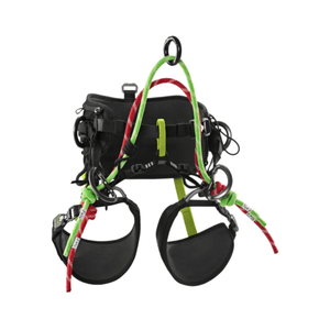 Edelrid TreeRex II harness: adjustable, padded tree climbing harness. Features gear loops, leg straps, and a central attachment point