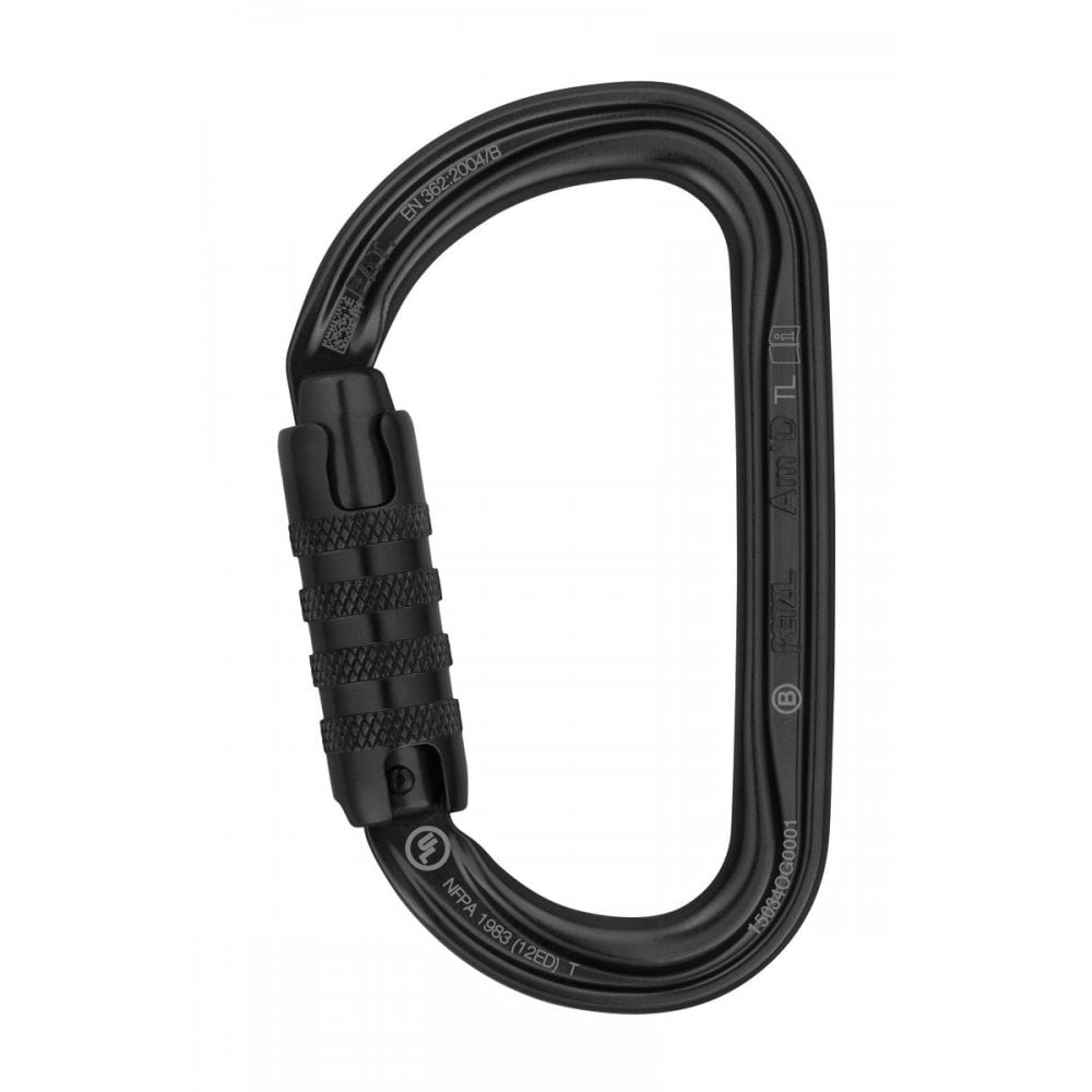 Black Petzl AM'D Triact Lock D-shaped carabiner. Auto-locking mechanism. Climbing or rigging gear.