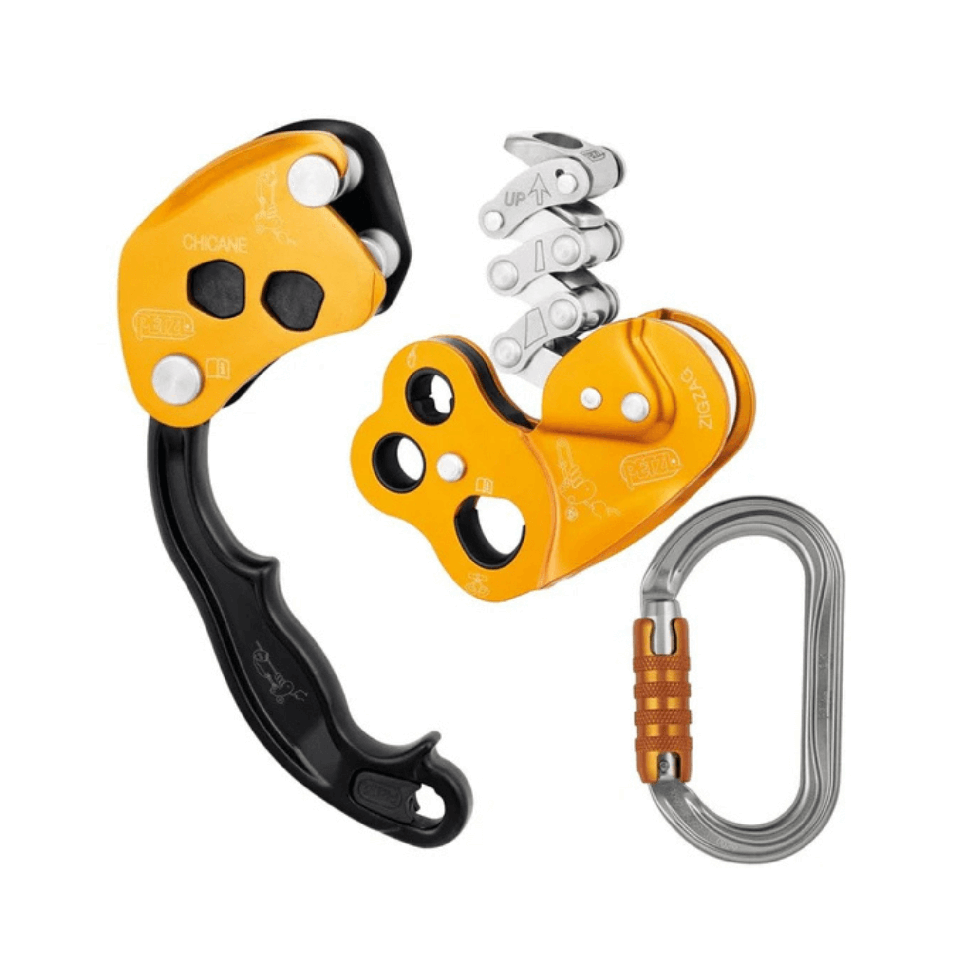 Arborist climbing kit: Petzl Chicane and Zigzag. Mechanical prusiks for controlled rope ascent and descent in tree work