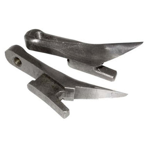 Pair of silver, pointed metal gaffs. Replacement spikes for Bashlin climbing equipment. Used for secure pole climbing