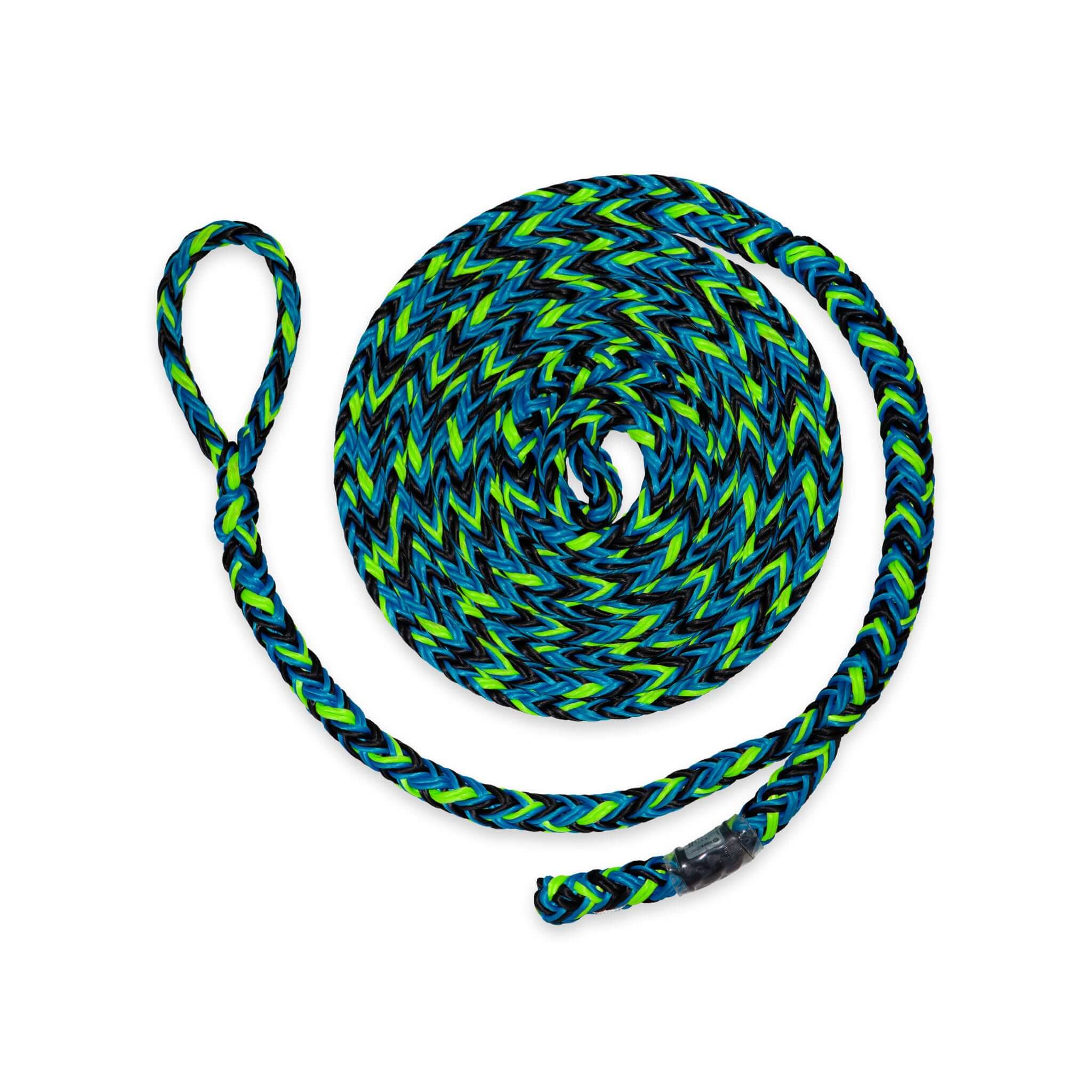 Adjustable 16mm rope sling. Blue and green weave, sliding eye loop for length changes. Arborist climbing gear for secure tree work