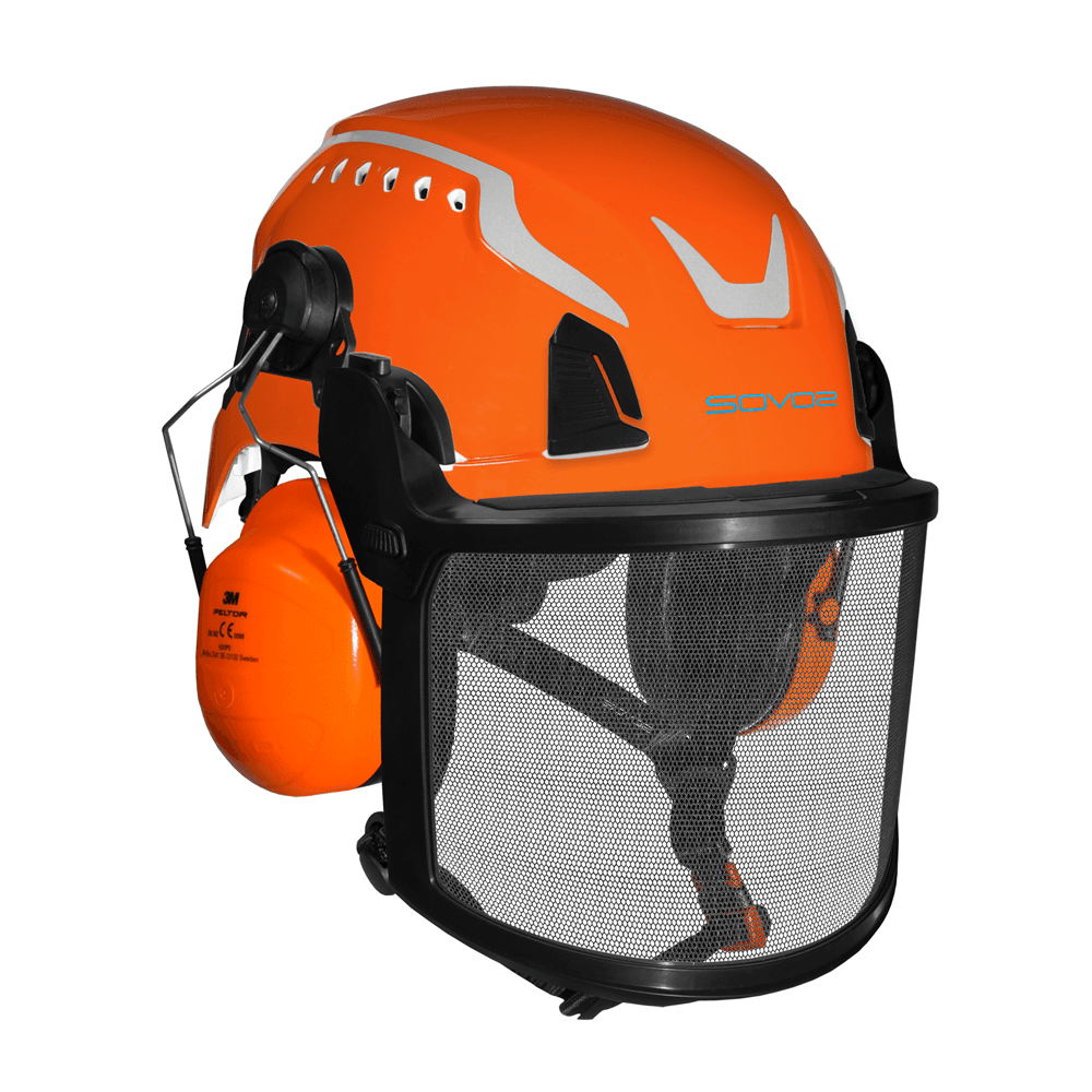 SOVOS 3200 arborist helmet kit. Orange, with visor, ear muffs. Protective gear for chainsaw use.