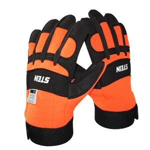 STEIN chainsaw safety gloves. Protective forestry gloves with reinforced back, vibration dampening, and high-visibility orange details