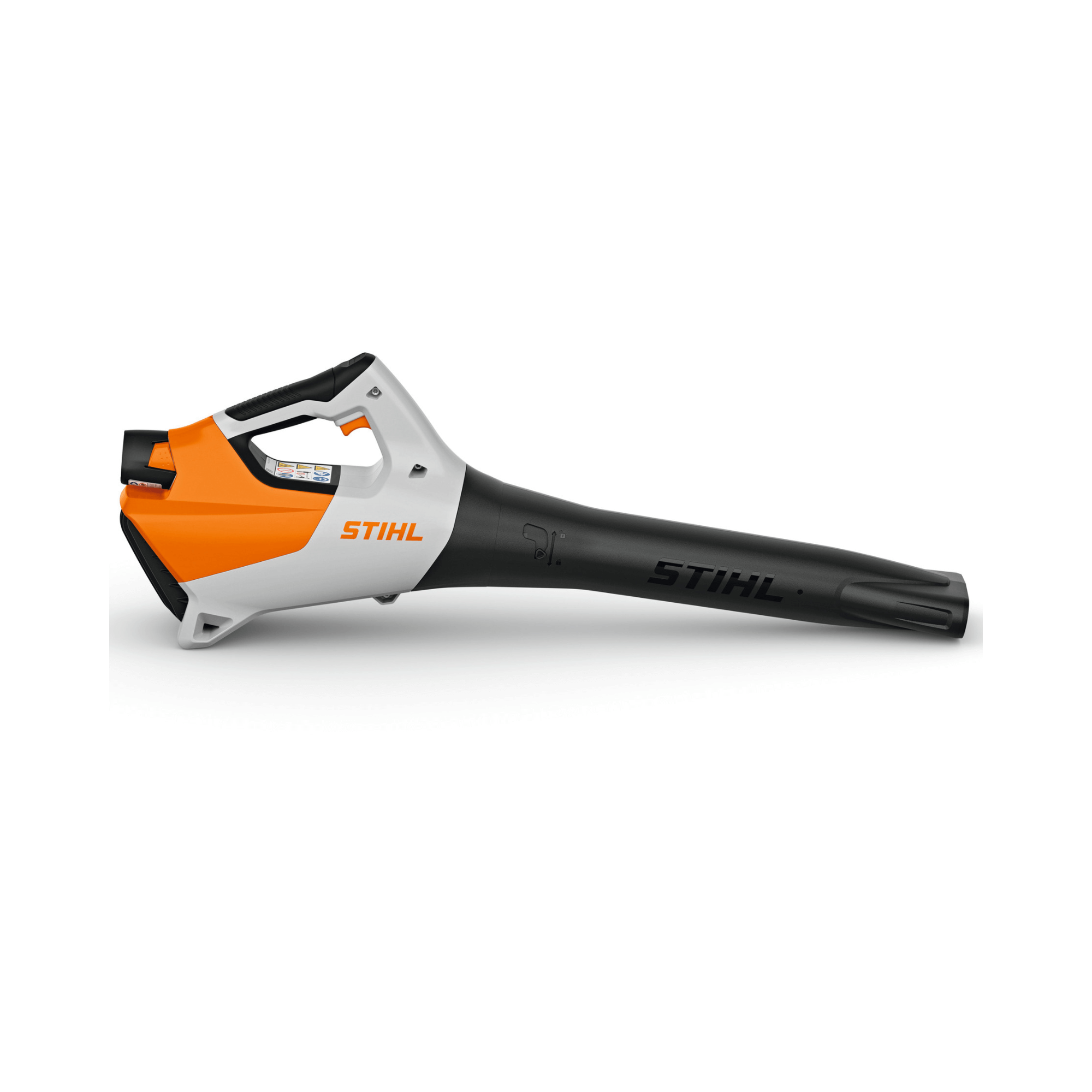 STIHL BGA 30 cordless leaf blower. Orange and black, compact handheld design. Battery-powered, used for clearing leaves/debris. Portable yard tool.