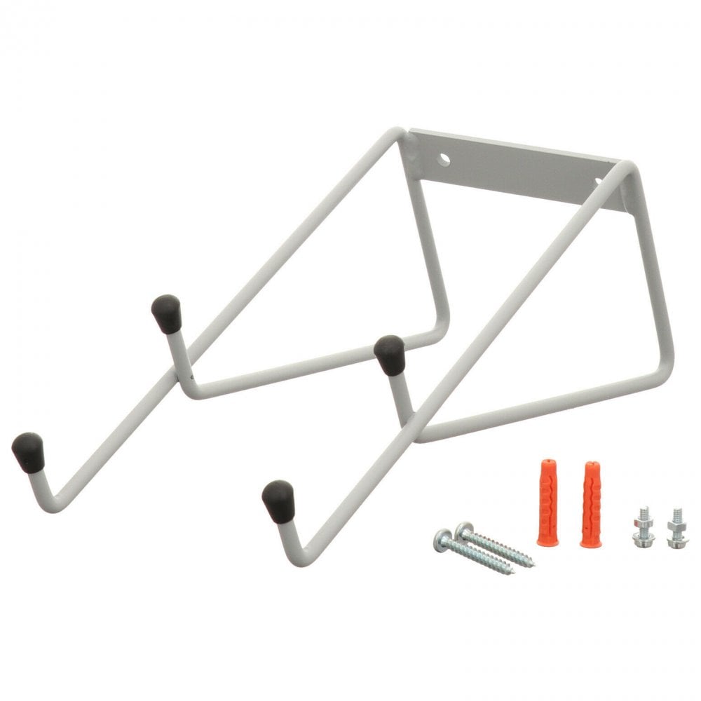 Metal wall bracket. Holds STIHL brushcutter/strimmer vertically. Black, with two curved arms for secure storage.