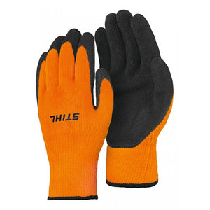 STIHL Thermogrip work gloves, black with yellow accents, textured palm for grip, designed for cold weather tasks.