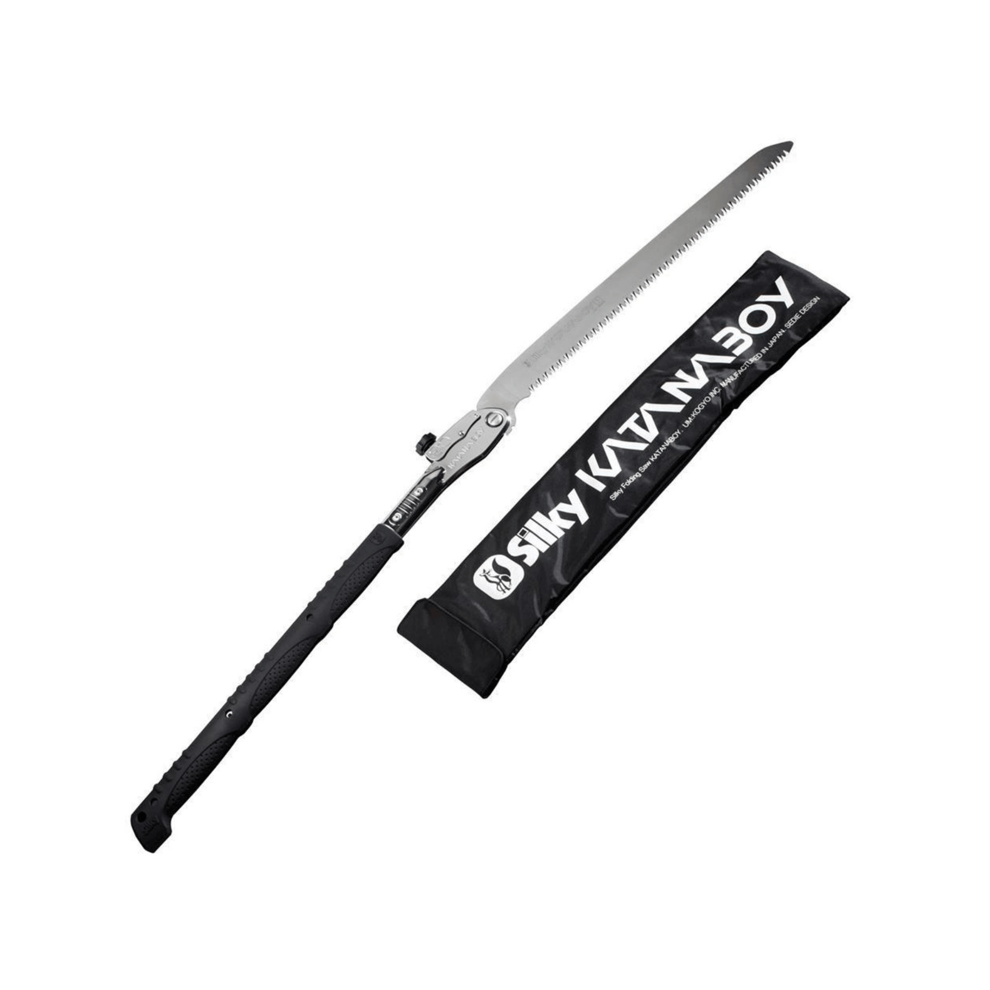 Silky Katanaboy 500mm folding saw. Long, toothed blade; black handle. Portable, heavy-duty saw for outdoor use