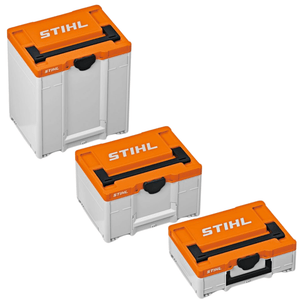 Stihl Systainer box, black and orange, open lid showing organized battery and tool storage compartments.