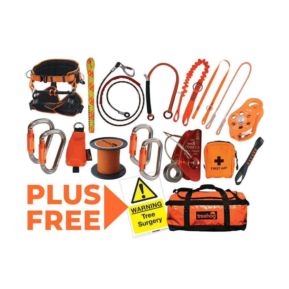 Treehog arborist climbing kit: harness, ropes, carabiners, saw. Professional gear for safe tree work