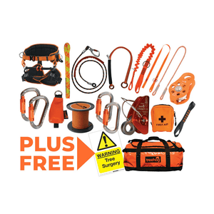 Treehog arborist climbing kit: harness, ropes, carabiners, saw. Professional gear for safe tree work